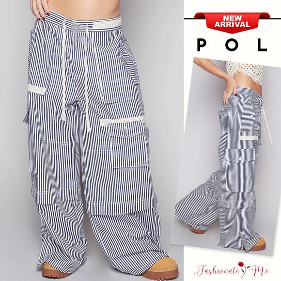 POL Boho High Rise Striped Print Drawstring Cargo Pockets Wide Leg Palazzo Pants